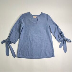 Rungolee Blue Jean Chambray Split Neck Bow Sleeve Casual Boho Hippie Top Shirt